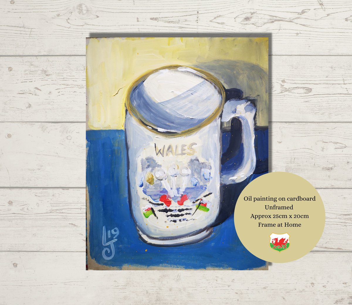 Vintage Welsh Cup, 20cm x 25cm Original oil painting on cardboard, Welsh Decor, Frame at home, Small Welsh Gift to post, etsy.me/3Lhx3fi #white #unframed #patrioticflags #vertical #cardboard #bedroom #northwales #wrexham #wales