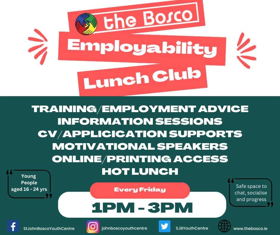 SJBYouthCentre's tweet photo. Our Employability Lunch Club gets underway today from 1pm - 3pm.
If you are a young person aged 16- 24 who is currently unemployed and looking to get back into employment, training or education, the Employability Lunch Club is for you.
#bosco #EmployabilityProgramme #drimnagh https://t.co/06TEmuoMQj