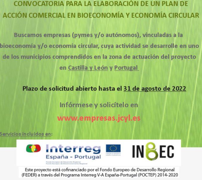 empresasjcyl's tweet photo. #InnovaciónJcyl
¡Últimos días!!! Buscamos empresas y autónomos de #bioeconomía y #economiacircular en Castilla y León y #Portugal #Inbec para elaborar su 📃plan de acción comercial
Plazo abierto hasta el 🗓️20 septiembre
https://t.co/L9j8VC5pzS
@poctep https://t.co/SaKLdycXFm
