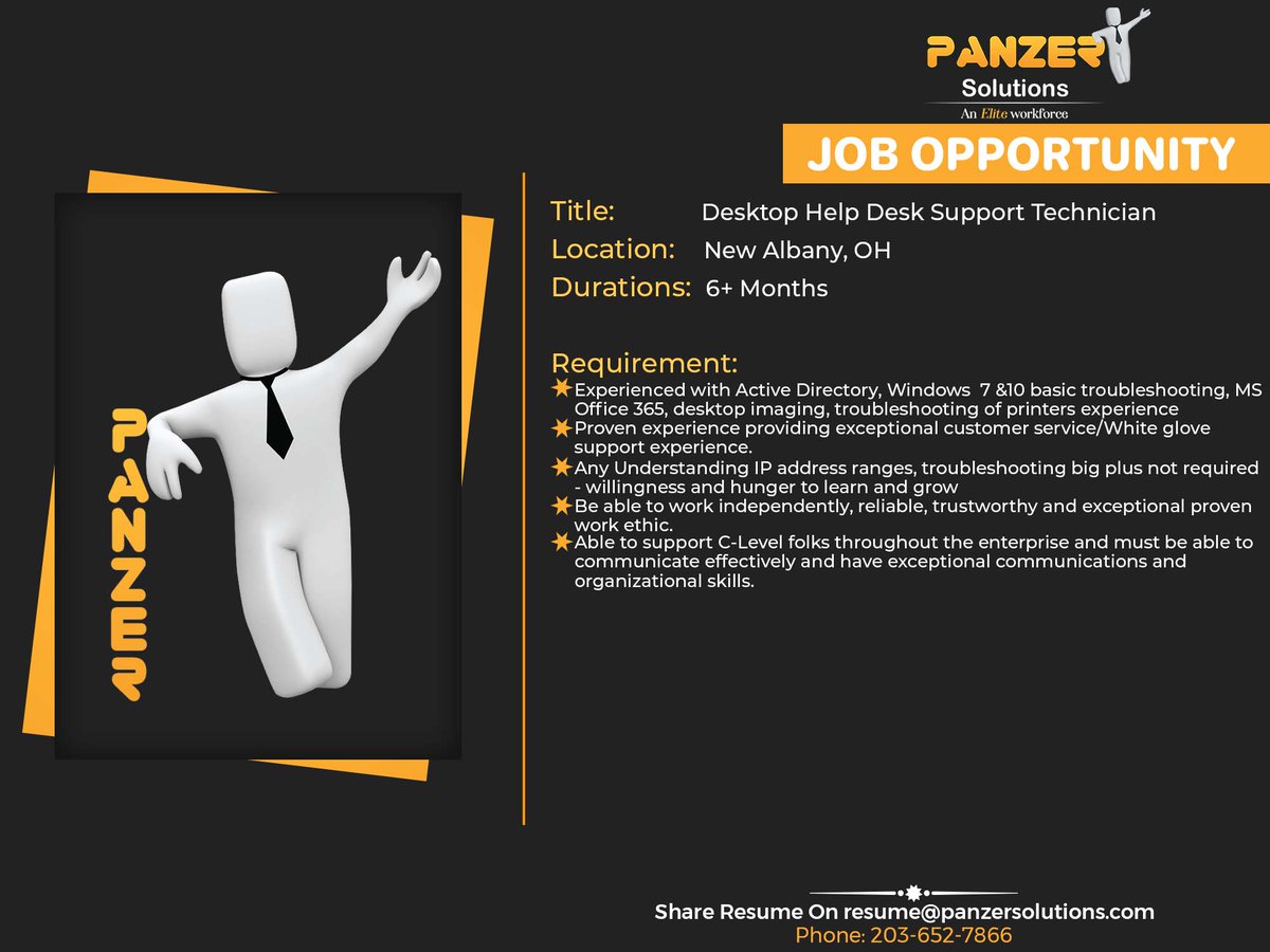 panzersolution's tweet image. Job Title: Desktop Help Desk Support Technician
Location: New Albany, OH
Duration: 6+ Months
Share resumes on resume@panzersolutions.com
Or for more job requirements click on the below link 
Click Here: panzersolutions.com/jobopportunuti…
#PanzerSolutions #desktophelp #technician #ohio