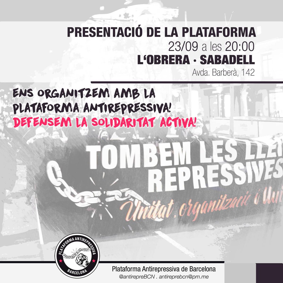 🫂 Encetem les presentacions de la Plataforma Antirepressiva de Barcelona, al CSA <a href="/l_obrera/">L'Obrera</a> de #Sabadell (#VallèsOccidental). 

Donarem a conèixer a les veïnes els casos repressius que pateix la seva ciutat i podran escoltar a represaliades de la seva zona.

👇👇 👇