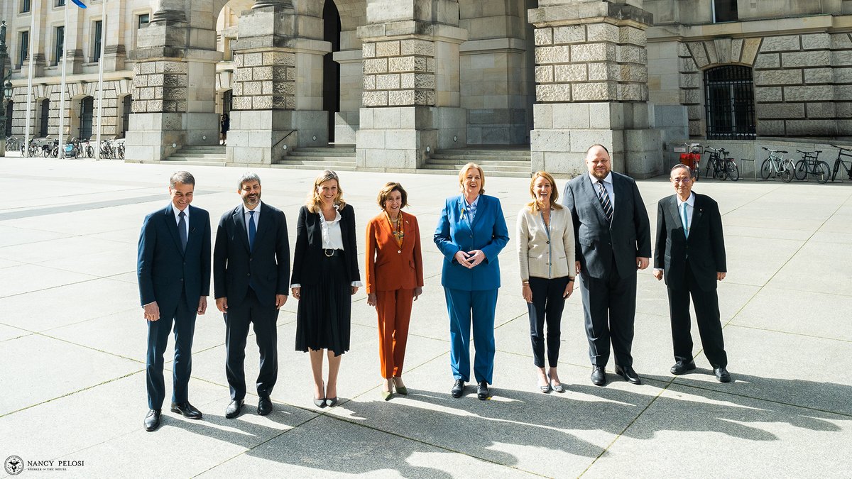 SpeakerPelosi's tweet photo. The Speakers of the G7 nations are here in Berlin to declare – loudly and in one voice – that we stand in unwavering solidarity with Ukraine

And as we continue supporting their righteous fight against Putin’s war of aggression, the unity of our G7 alliance is stronger than ever. https://t.co/KmfKOZvXTM