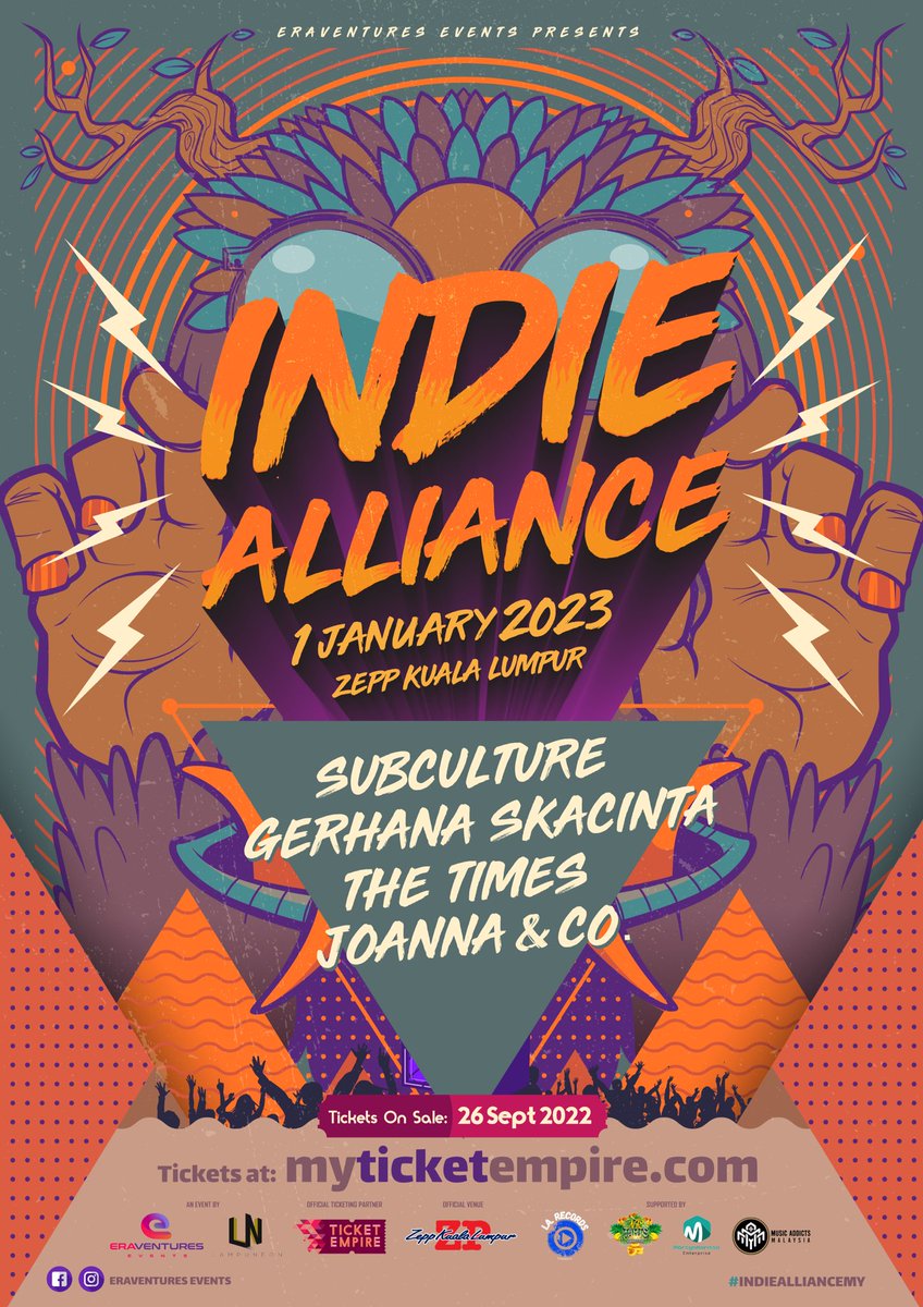 Confirmed!

Menyambut tahun baru 2023 dengan konsert Indie Alliance di Zepp KL. Ada band legend wei! Subculture, Gerhana Ska Cinta, The Times dan Joanna &amp; Co.

Lama tak berpogo, berskanking dan berdansa ni!

#IndieAllianceMY