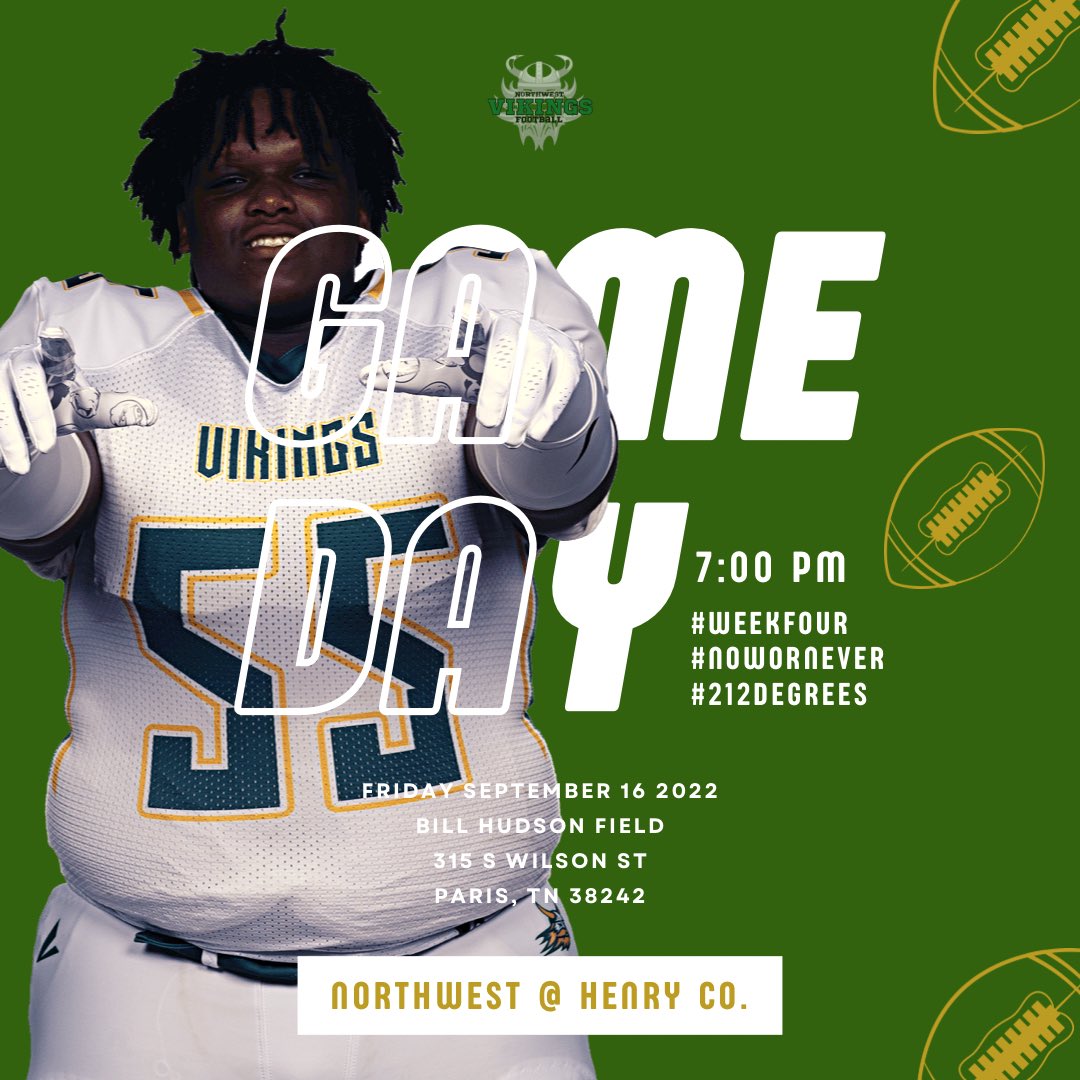 ‼️ROAD GAME‼️
🏈👀Week Five🏈👀

Here’s information about tonight’s matchup:
🆚Henry Co. HS Patriots
📍315 S Wilson St Paris TN
⏰7:00 PM
🎟 AT THE GATE (CASH)
🎥bit.ly/3LyUbpT
📸 LIVE STORY UPDATES on Insta
📻FM 94.1 WLZK 
#VikingSTRONG #NowOrNever #212Degrees #WeekFive
