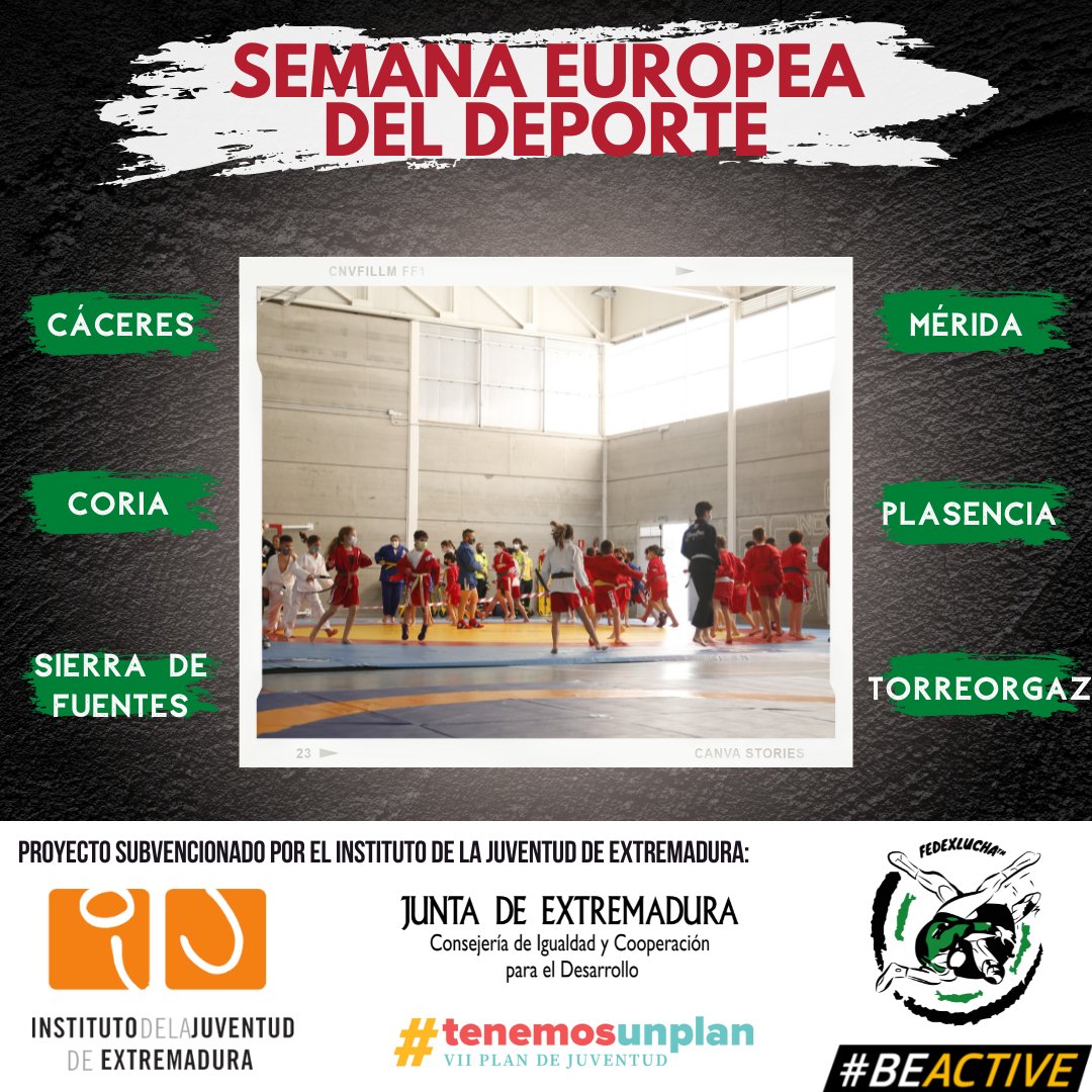 ¡La Semana Europea del Deporte ya está prácticamente aquí! Se realizarán diferentes acciones deportivas acercando así unos hábitos de vida saludables tanto a la juventud extremeña.
Este año en: Cáceres, Mérida, Coria, Plasencia, Sierra de Fuentes y Torreorgaz. 
+info: en la web.