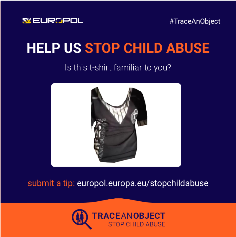 👕 Is this t-shirt familiar to you? It was taken from an image depicting sexually explicit material involving minors. 🛑 Our investigators have exhausted all leads. Help us #TraceAnObject & #StopChildAbuse. ⚠️ Submit an anonymous tip via our website ⤵️ europol.europa.eu/stopchildabuse