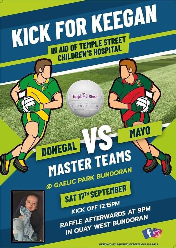 MayoGAA's tweet photo. Mayo Masters take on Donegal Gaelic Masters to help Keegan raise funds for Children's Health Foundation Temple Street. 

If you are unable to make the game, donations can be made on the following link ⤵️
https://t.co/Vj78z4jNh5… https://t.co/lj23HMcL70