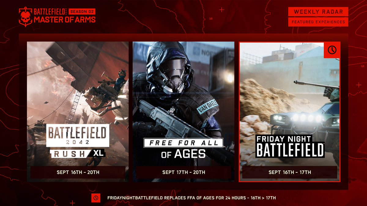 #BattlefieldPortal featured experiences for the weekend. 🔸 Rush XL (128p, 64vs64) 🔸 #FridayNightBattlefield Stranded Mayhem (64p, 32vs32 Conquest with all increased: projectile speed, global damage, respawns...) live for 24h. 🔸 FFA of Ages (24p, across all eras)