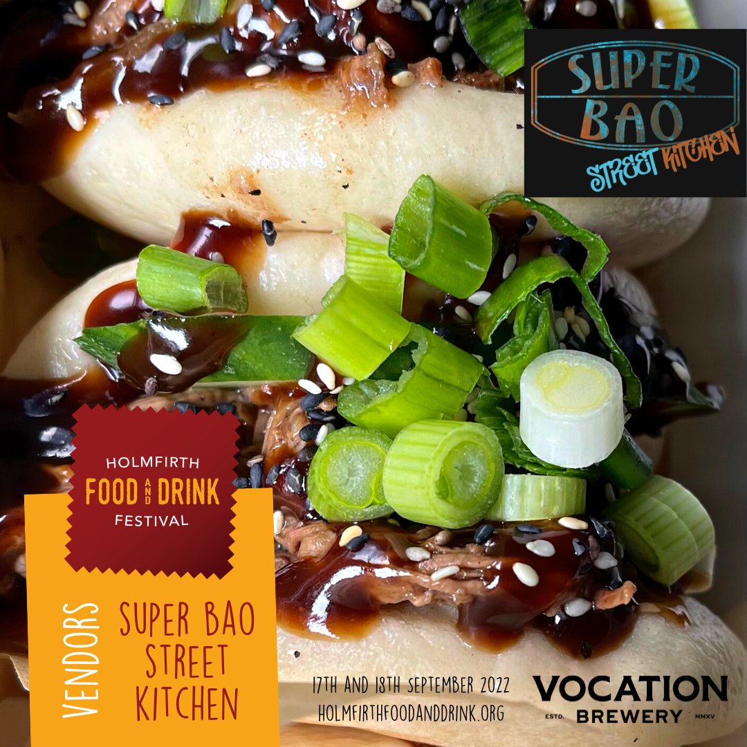 Super Bao - Street Kitchen will be joining us at the festival this weekend! #HolmfirthFood

They'll be serving up home rolled, freshly steamed bao buns, with vegan and non-vegan fillings available🤤

Visit them in the Towngate area! (labelled as TJ Productions on the map)