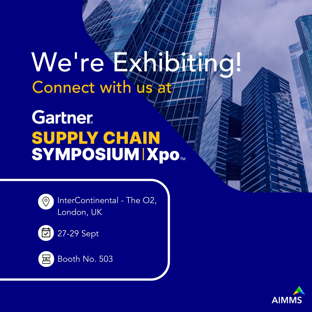 We're Exhibiting at <a href="/Gartner_inc/">Gartner</a> Supply Chain Symposium | Xpo 2022!
Meet us at the premier conference for supply chain leaders and learn about enabling your teams with AIMMS supply chain applications. 🤝