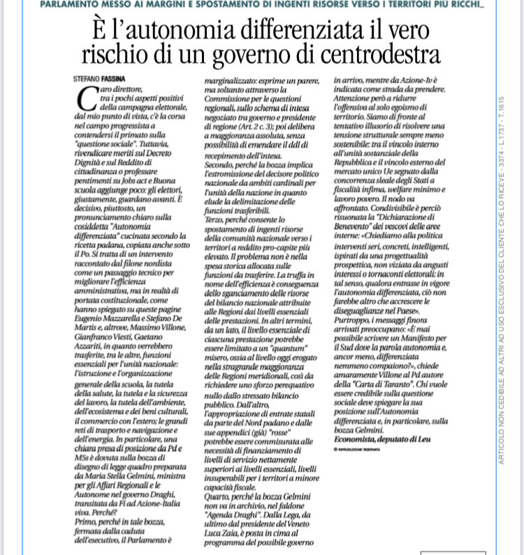 I rischi dell’autonomia regionale differenziata 

⁦<a href="/StefanoFassina/">Stefano Fassina</a>⁩ su Avvenire
