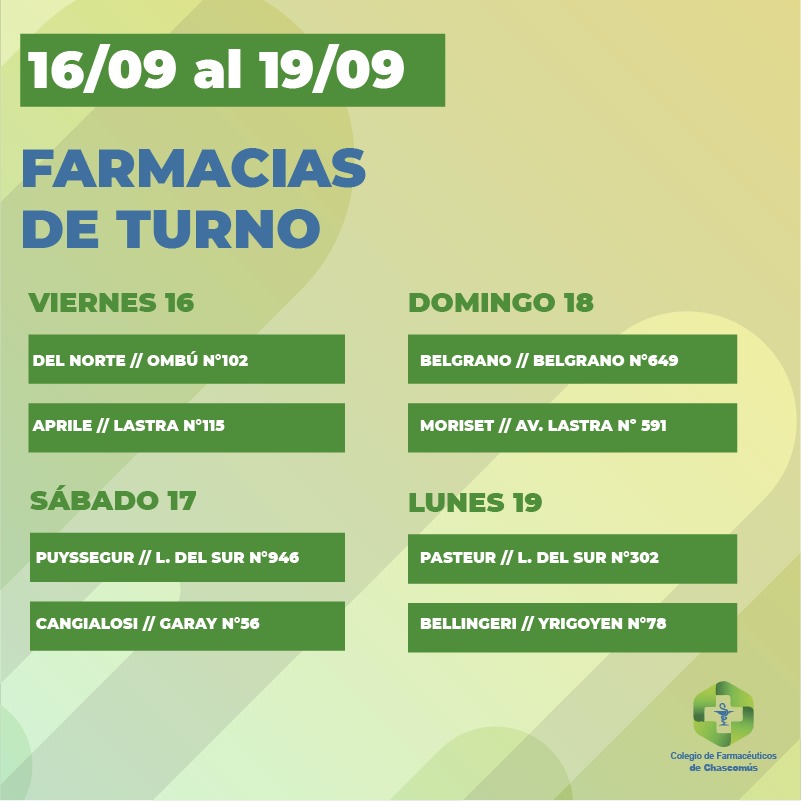 colfarchascomus's tweet photo. ⚠️TURNERO DEL FIN DE SEMANA
⚕ Farmacias de turno en Chascomús.
👉del 16 al 19 de septiembre (desde las 8.30 hasta las 8.30 del otro día)
.
.
.
.
.
.
.
#Farmacias #FarmaciasdeTurno #Turnero #Guardias #FarmaciasdeGuardia #Chascomús #medicamentosgenéricos https://t.co/o5lJkPo3pB