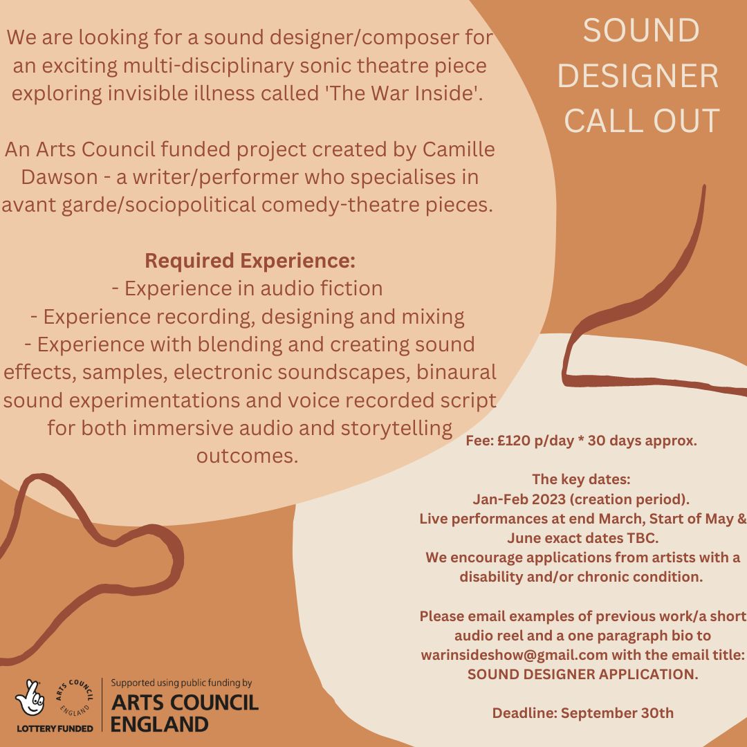 ✨SOUND DESIGNER CALL OUT✨

Our AD <a href="/CamilleNaomiD/">Camille Dawson</a> is looking for a London based sound designer to join the team on a v exciting <a href="/ace__london/">Arts Council England, London</a> funded immersive sonic theatre project! Details below. Share &amp; apply ⬇️

#sounddesign #composer #audiodrama #callout #sounddesignjob