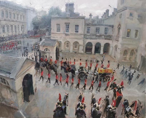 JulietBlaxland's tweet photo. Painting by @Rob_Pointon, who paints ‘live’, en plein air etc… #HorseGuards #CavBlacks #QueenElizabeth #HMTQ https://t.co/OfO6xoFgMY