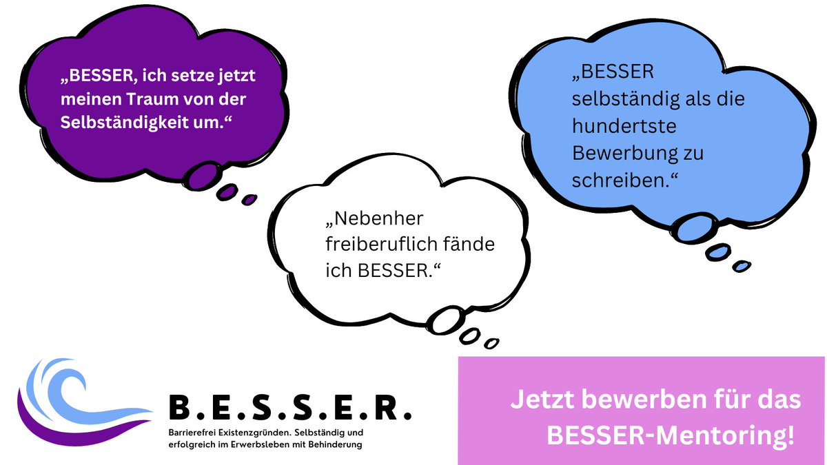 Sich selbständig machen, ein Start-Up gründen oder freiberuflich arbeiten mit Behinderung: Schon oft daran gedacht, aber noch viele ungeklärte Fragen im Kopf? Bis zum 15. Oktober bewerben als Mentee oder Mentor*in für unser BESSER-Mentoring! Bitte RT! hildegardis-verein.de/besser.html
