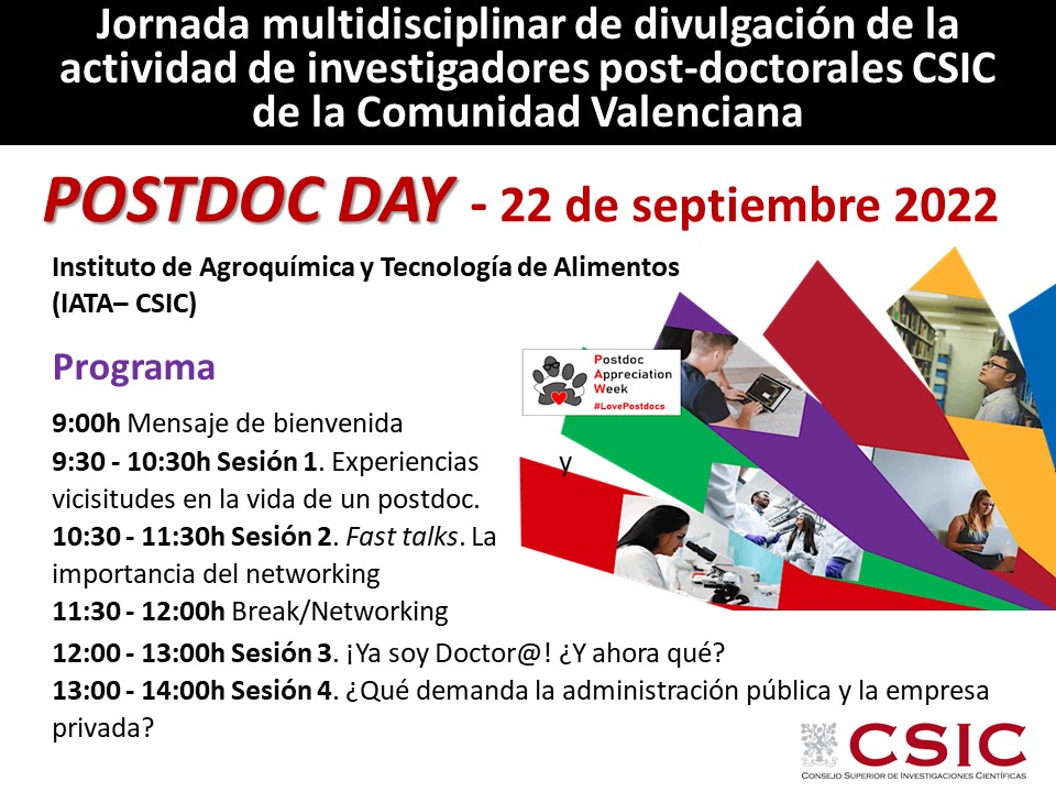 CSICval's tweet photo. ¿Eres #postdoc ?¿Estás en @CSIC en la Comunidad Valenciana? ¡Pues esta es TU Jornada!

POSTDOC DAY en el @iata_csic el jueves 22/9. Compañeros vuestros hablarán de su trayectoria profesional, junto con responsables del CSIC y empresas. ¡No te lo pierdas!

https://t.co/bHx7ly0ye2 https://t.co/I7VMfTLMxf