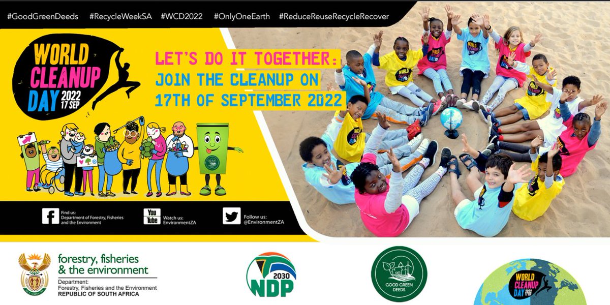 environmentza's tweet photo. South Africans are encouraged to join the movement for a clean planet on #WorldCleanupDay to tackle the global waste problem and build up the new & sustainable world. #GoodGreenDeeds #RecycleSAWeek #CleanUp #Act4SDGs @UNESCO @UNHABITAT @UN @UNEP https://t.co/4ZaGCZfhy6