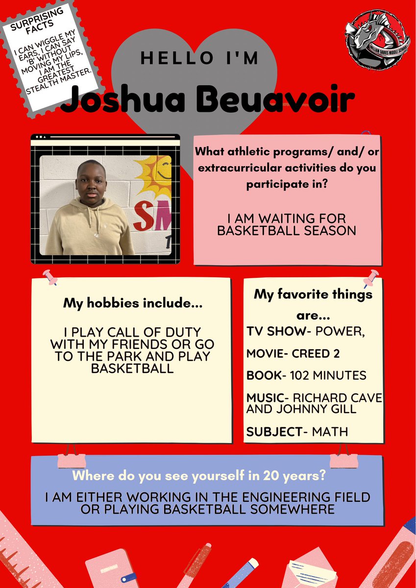 WilliamDaviesMS's tweet photo. It’s #DragonHearted Friday where we feature one of our students who exemplifies our Dragon Values!
Respect, Responsibilty and Kindness,
Congrats Joshua! https://t.co/lEi6uHnmD1