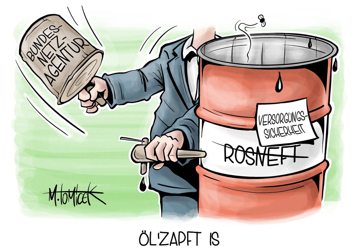 TomicekM's tweet photo. Die #Bundesnetzagentur übernimmt die #Treuhandverwaltung des #Rohöl-Importeurs #Rosneft Deutschland.

#Versorgungssicherheit #Bundesregierung #Öl #Oktoberfest #Anstich #Ozapftis #Maßkrug #Karikatur https://t.co/QV9TKDo4Ak