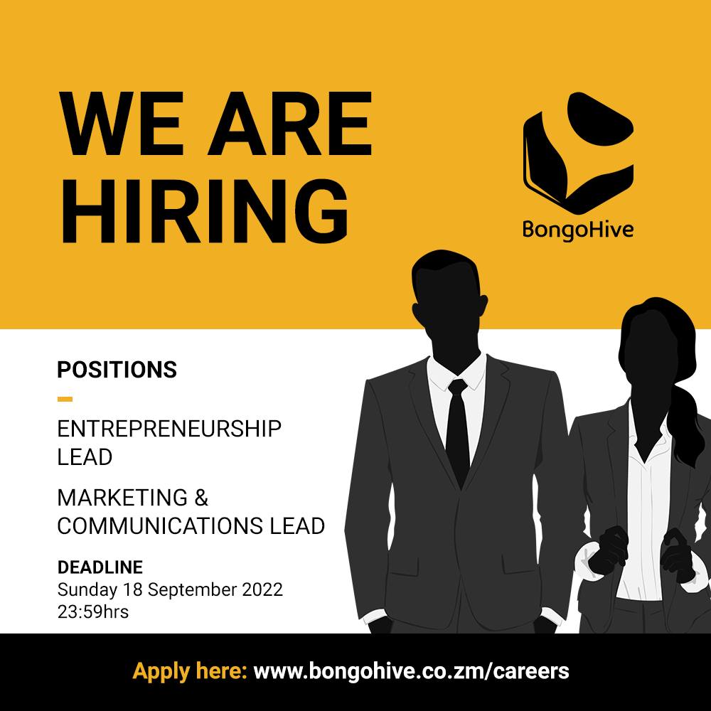 We are hiring!

Available positions:
▪️ Entrepreneurship Lead
▪️ Marketing and Communications Lead

Visit our website to apply:  bongohive.co.zm/careers/ 
Deadline: Sunday, 18th September 2022.