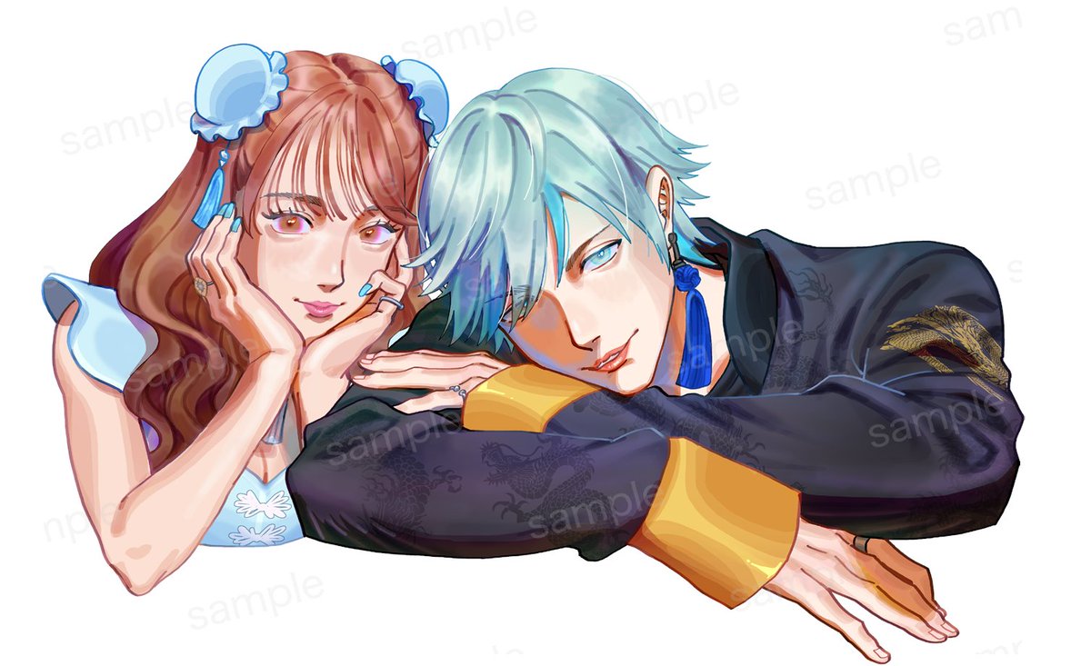 1girl 1boy ring jewelry blue eyes blue hair brown hair  illustration images