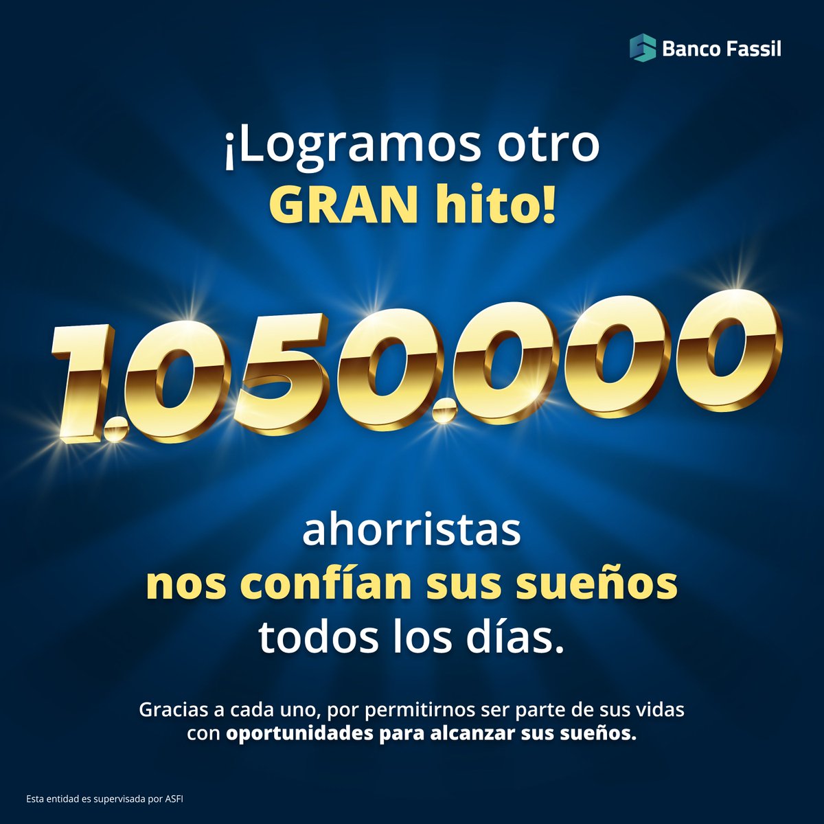 banco_fassil's tweet photo. ¡Marcamos un nuevo hito!

Agradecemos a los 1.050.000 ahorristas que aportan al crecimiento del país junto a nosotros.

#BancoFassil
#DondeEstánLasOportunidades https://t.co/gYVL934jNb