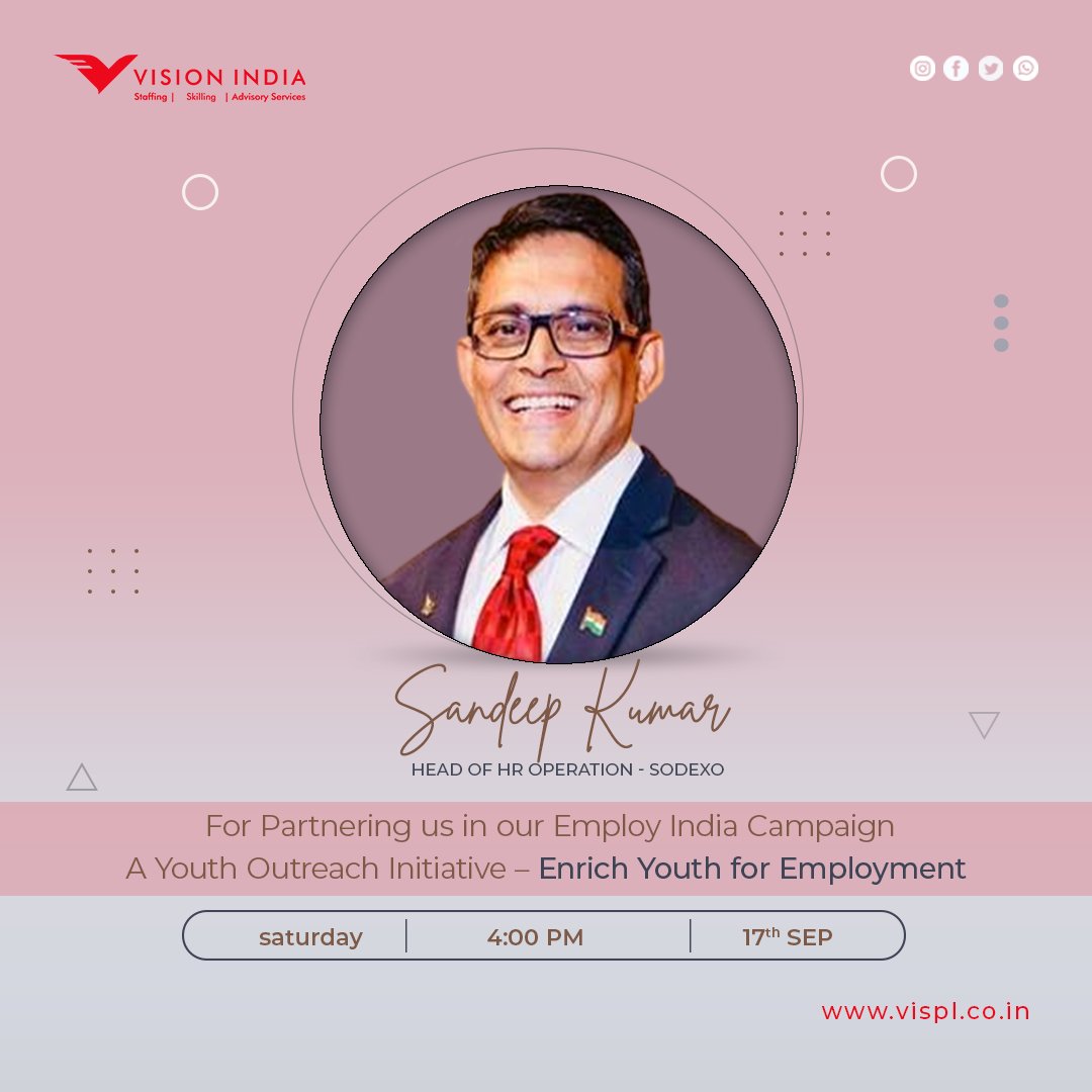 Mr. Sandeep Kumar, Head of HR - Sodexo India would join us tomorrow evening as our corporate connect, being the stepping stone to our Employee India Campaign.
Please join us tomorrow 17 SAT @ 4:00 pm.
Looking forward to meet you all.
webinar Link : meet.google.com/vxm-zhgy-xzn