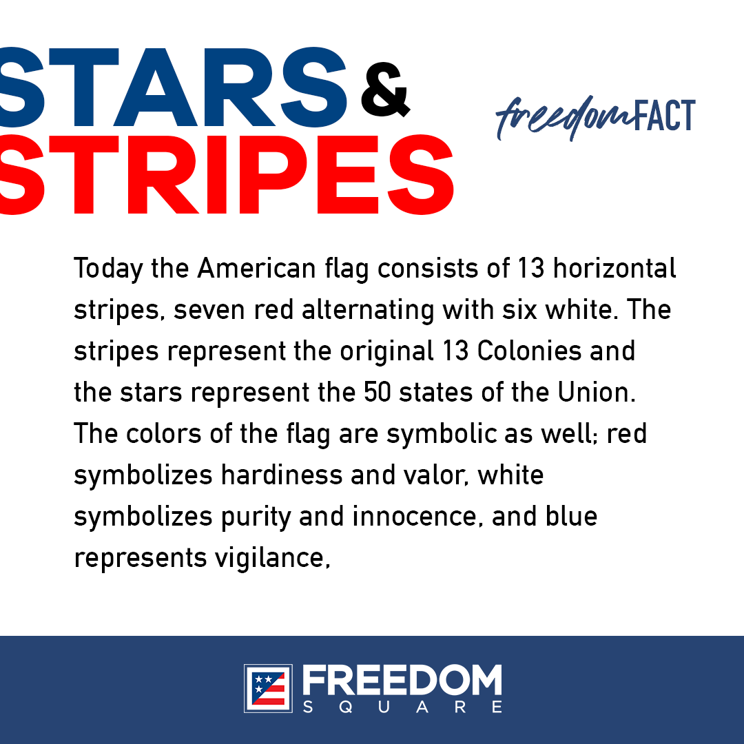 FreedomSquareUS's tweet photo. Today the American flag consists of 13 horizontal stripes, seven red alternating with six white. The stripes represent the original 13 Colonies, and the stars represent the 50 states of the Union. https://t.co/ZM0lYgrH69