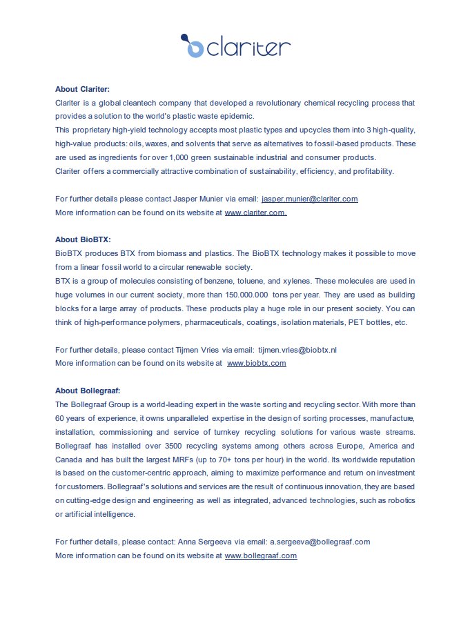 claritergroup's tweet photo. Read the statement from Clariter and its partners on their initiative to develop Europe's largest and most advanced plastic waste sorting plant for the chemical recycling industry.
#ChemicalRecycling #RMPC #PlasticWaste #Clariter #Delfzijl #NL https://t.co/ncJJiiCOza