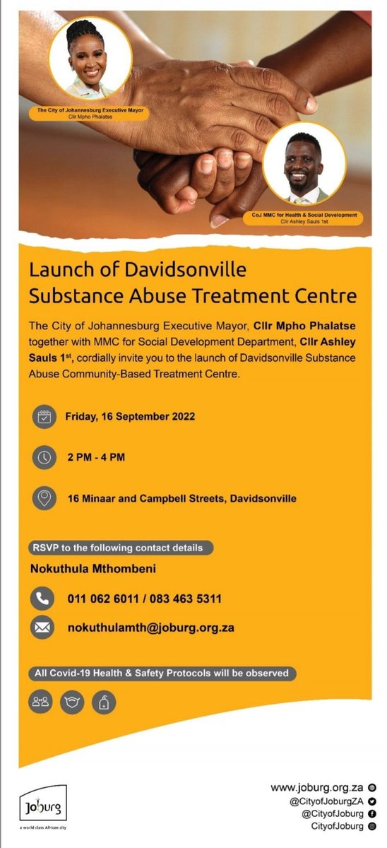 Afternoon Joburg. The Executive Mayor, Cllr <a href="/MphoPhalatse1/">Mpho Phalatse</a> together with MMC for Health and Social Development, Cllr @AshleySauls1st will be launching the Davidsonville Substance Abuse Treatment Centre today. #DavidsonvilleTreatmentCentre ^LM