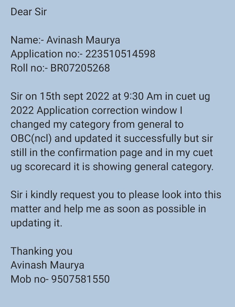 AmritRajSpeaks's tweet photo. Kindly do the needful.
@narendramodi @pankajjha_ @abhisar_sharma @DG_NTA @mamidala90 @dpradhanbjp @TweetAbhishekA @VivekshuklaLive #CUETUGResult2022 #CorrectionWindow @mauryan_avinash https://t.co/wagqaTqDvO