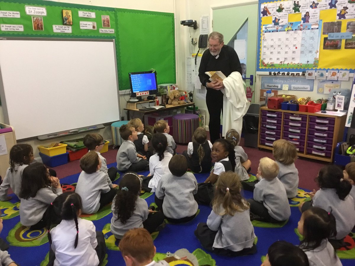 stjosb30school's tweet image. We had a very special visit to our reception class from Father Barry this morning.He loved meeting our new children.They sat so beautifully &amp;amp; loved telling Father their names.They were so confident making the sign of the cross as Father blessed them for their school journey ahead