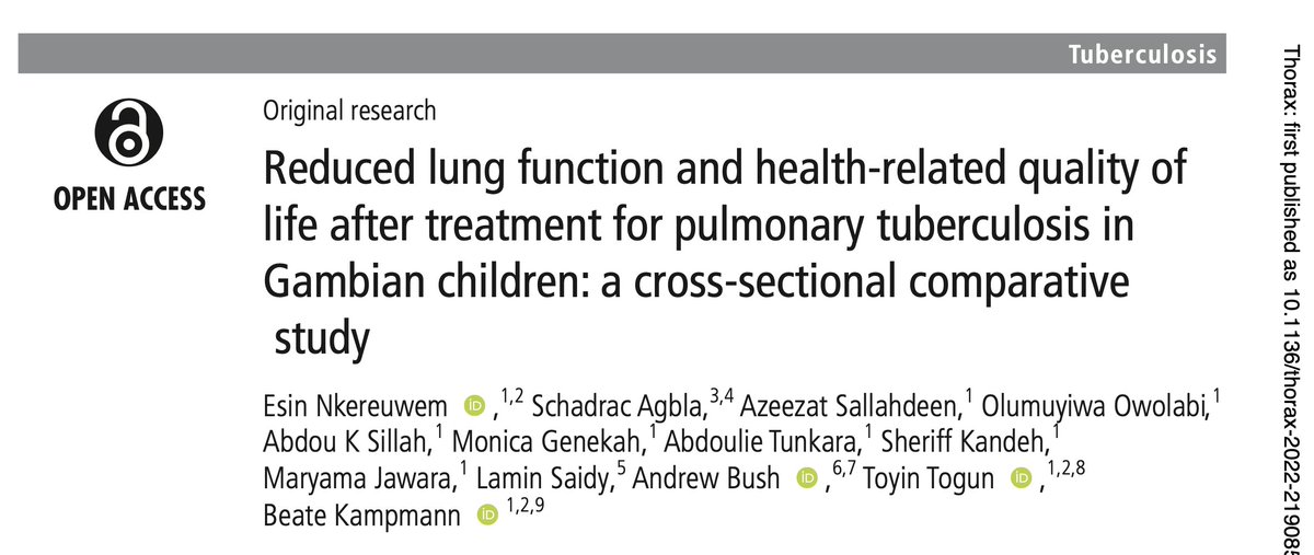Poor health caused by TB does not end after end of treatment-also in kids. see our new paper in THORAX thorax.bmj.com/cgi/rapidpdf/t… thanks to our team for bringing this to international attention @Esinofils @TogunToyin @mrcunitgambia @LSHTM_TB @ptbnetgroup