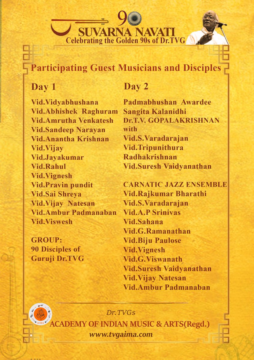 TvgAima's tweet photo. With joyous hearts, we invite you to share with us the celebration of Suvarana Navati - Golden 90s of Sangita Laya Samrat Dr. T. V. Gopalakrishnan @GurujiTVG!

#aima #drtvg #gurujiturns90 #birthdaycelebration #musician #Global #carnaticmusic #PadmaBhushan #suvarnanavati https://t.co/ldZb7rZvWi