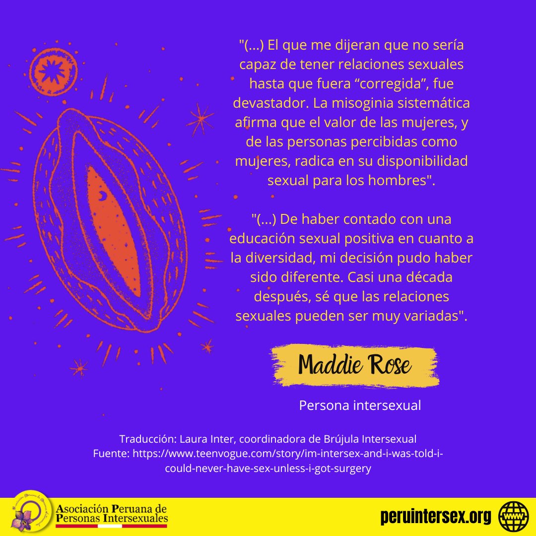 Peru_Intersex's tweet image. 🟡 Hoy conoceremos sobre el Síndrome Mayer-Rokitansky-Küster-Hauser, a través de la vivencia de Maddie Rose @uliveinasociety, quien es una persona #intersexual. 
🟣 Gracias a Laura Inter, coordinadora de @brujulaintersex por la traducción del artículo. 
#Rokitansky
