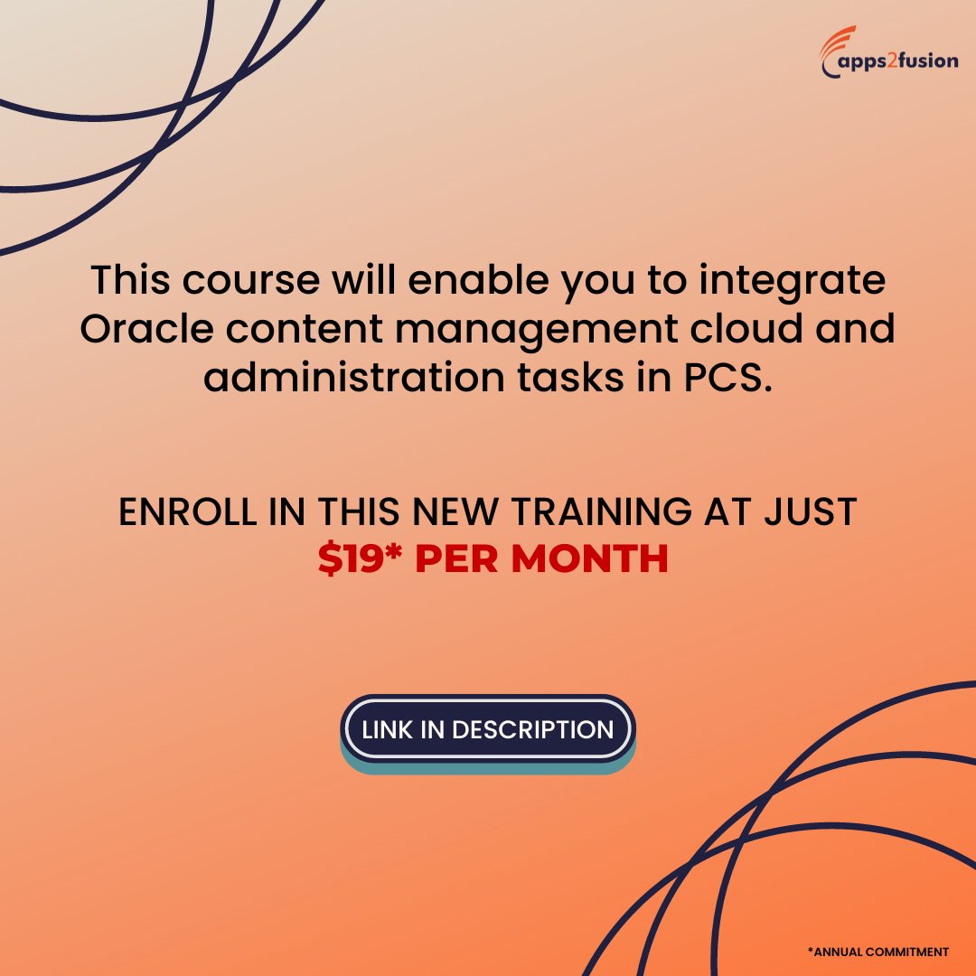 Apps2fusion's tweet image. New course alert! Learn Oracle Process Cloud Service (PCS) at just 19* pm. Head over to the training details at⬇️
apps2fusion.com/courses/oracle…
#pcs #pcstraining #oraclepcs #oraclecourses #oracletraining #oracle #OracleCloud #cloudcomputing #cloudtechnology #cloudcourses #apps2fusion