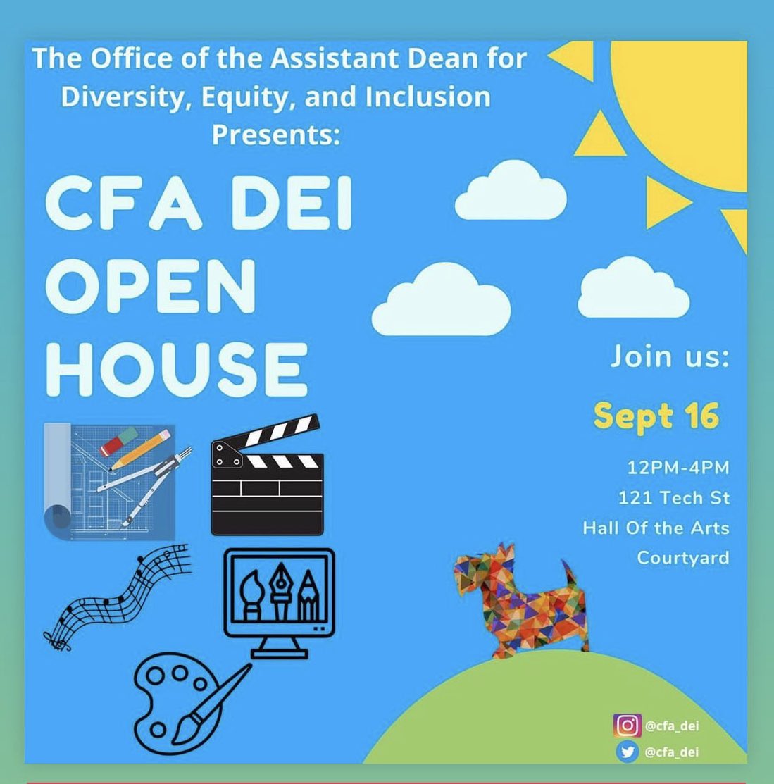 Office of Asst. Dean Diversity, Equity & Inclusion (@cfa_dei) on Twitter photo Are you part of <a href="/CMU_CFA/">College of Fine Arts at Carnegie Mellon</a> ?? Then join us at the <a href="/cfa_dei/">Office of Asst. Dean Diversity, Equity & Inclusion</a> #OpenHouse TODAY 9/16 anytime between 12-4PM. Meet folx! Grab swag! Get some treats! This is one event you donāt want to miss! #tartanpride #dei Are you part of <a href="/CMU_CFA/">College of Fine Arts at Carnegie Mellon</a> ?? Then join us at the <a href="/cfa_dei/">Office of Asst. Dean Diversity, Equity & Inclusion</a> #OpenHouse TODAY 9/16 anytime between 12-4PM. Meet folx! Grab swag! Get some treats! This is one event you donāt want to miss! #tartanpride #dei