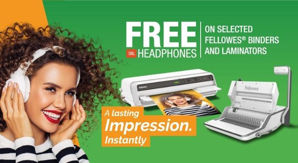 Fancy a FREE pair of JBL headphones?
Simply purchase either a Fellowes LYRA 3-in-1 binder, an Amaris, Venus or Jupiter A3 laminator to claim yours! 
Hurry, the offer ends Sept 30. 
Visit fellowes-promotion.com to claim.