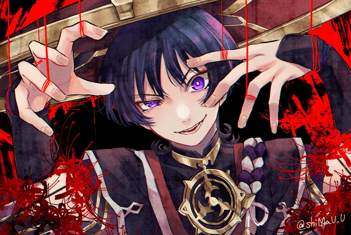 scaramouche (genshin impact) 1boy male focus purple eyes hat jingasa solo flower  illustration images