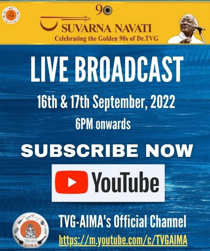 TvgAima's tweet photo. You are warmly invited to watch live streaming of Suvarna Navati - Celebrating the Golden 90s of Dr.TVG @GurujiTVG on YouTube: https://t.co/HTCtqqqrGo. Please subscribe &amp; join us!

#drtvg #gurujiturns90 #PadmaBhushan #classicalmusic #suvarnanavati  #youtubelivestreaming https://t.co/NykzQT0F0f