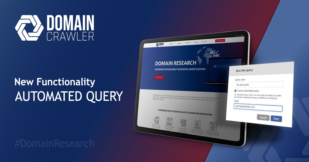 CrawlerDomain's tweet photo. 🔥 NEW FEATURE OF THE #DOMAINRESEARCH PLATFORM - AUTOMATED QUERY
This feature performs the query saved by users every day and notifies them if new domains are found helping IT forensics to be more efficient with their research More about #DomainResearch: https://t.co/0OjzHRgWF5 https://t.co/JHLOeuzRCP