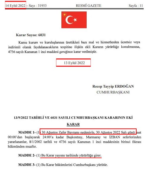 SKANDAL KARAR!
Cumhurbaşkanlığı Hükümet Sistemi'nde "hızlı karar alacağız" diyen iktidar;
30 Ağustos'ta uygulanacak ücretsiz banliyö seferleri kararını 13 Eylül'de aldı, 14 Eylül'de de yayınladı.

Gözlerinize inanabilirsiniz;
Resmi Gazete'ye bakabilirsiniz!

Gidecekler!
#AzKaldı