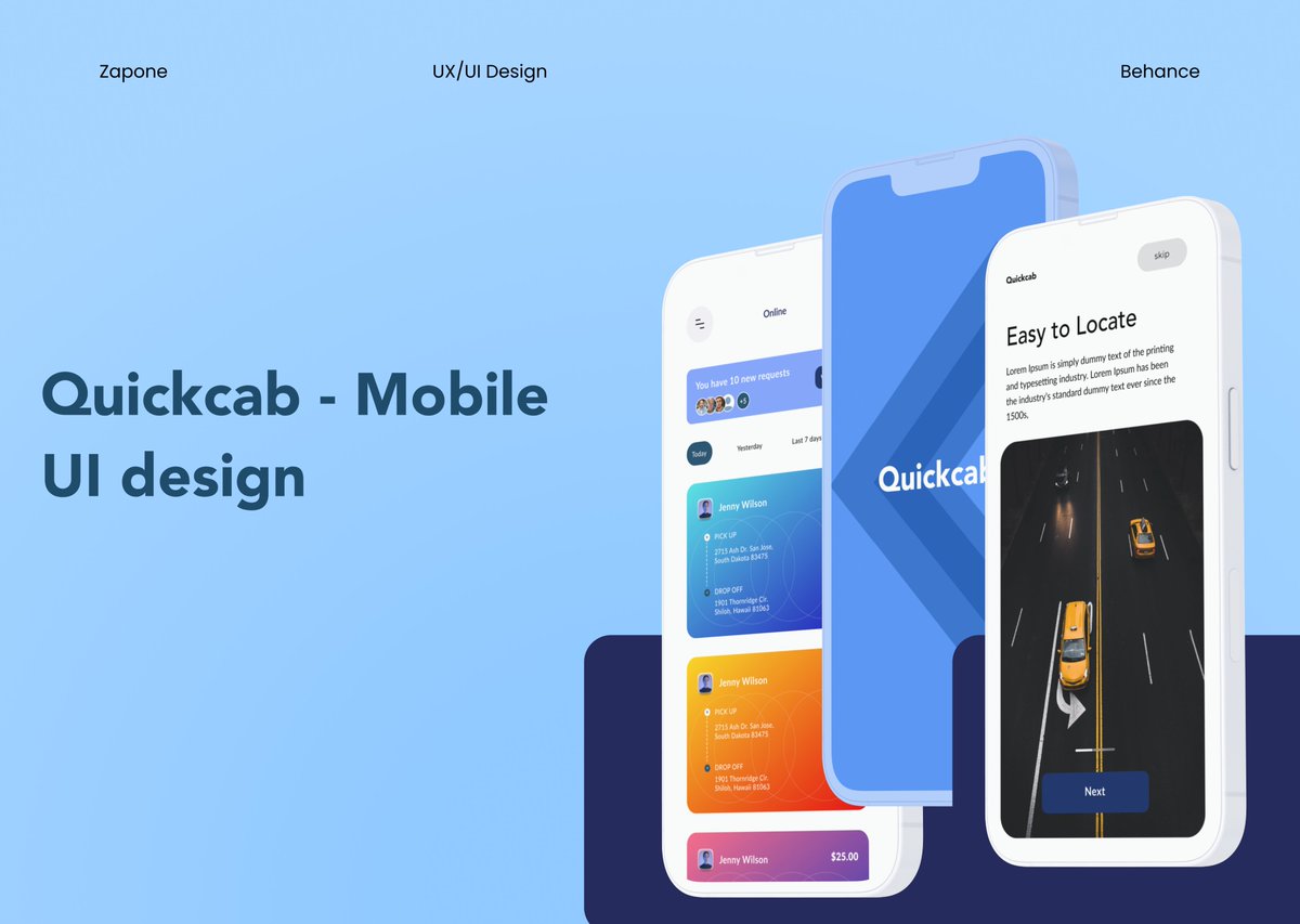 ZaponeSolutions's tweet photo. Hi everyone,

Glad to present you our new product design for "Quickcab -Mobile UI Design".

https://t.co/Fy2Nx4nN5G?

Do check it and let us know your feedback. 
#uiux  #taxiservice #cabbooking #marketing #design #MobileApp https://t.co/Aou4gK7OhW