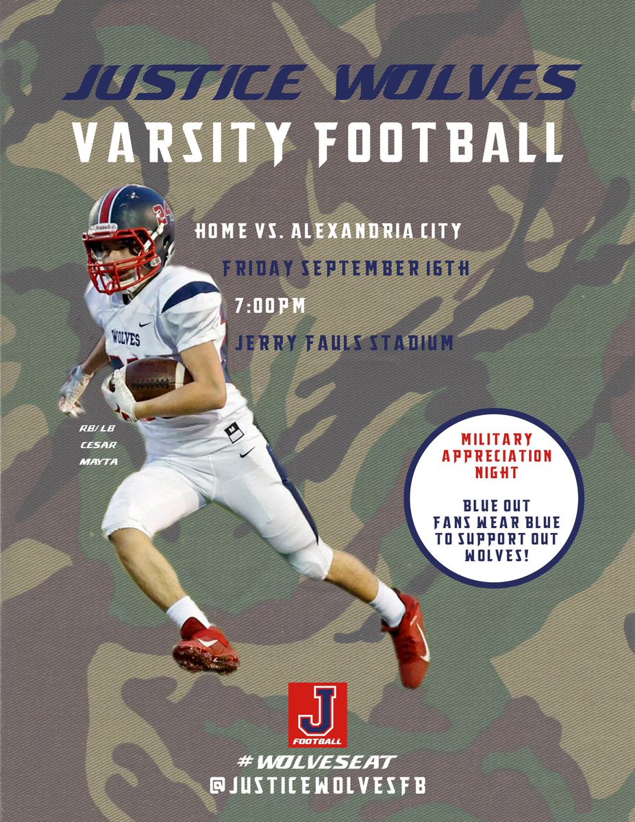 🐺 #WolvesEAT 
🚨 Varsity 🏈 Game <a href="/JusticeWolvesFB/">Justice Football</a>
🏟 » Home vs Alexandria City  
🗓 » Friday September 16 @ 7:00 PM
🎟 » <a href="/HypesquadWolves/">#WOLFPACK</a> 
📣 » Blue Out Theme 🔵
📈 <a href="/Justice_Sports/">Justice Athletics</a> <a href="/justicehswolves/">Justice High School</a>