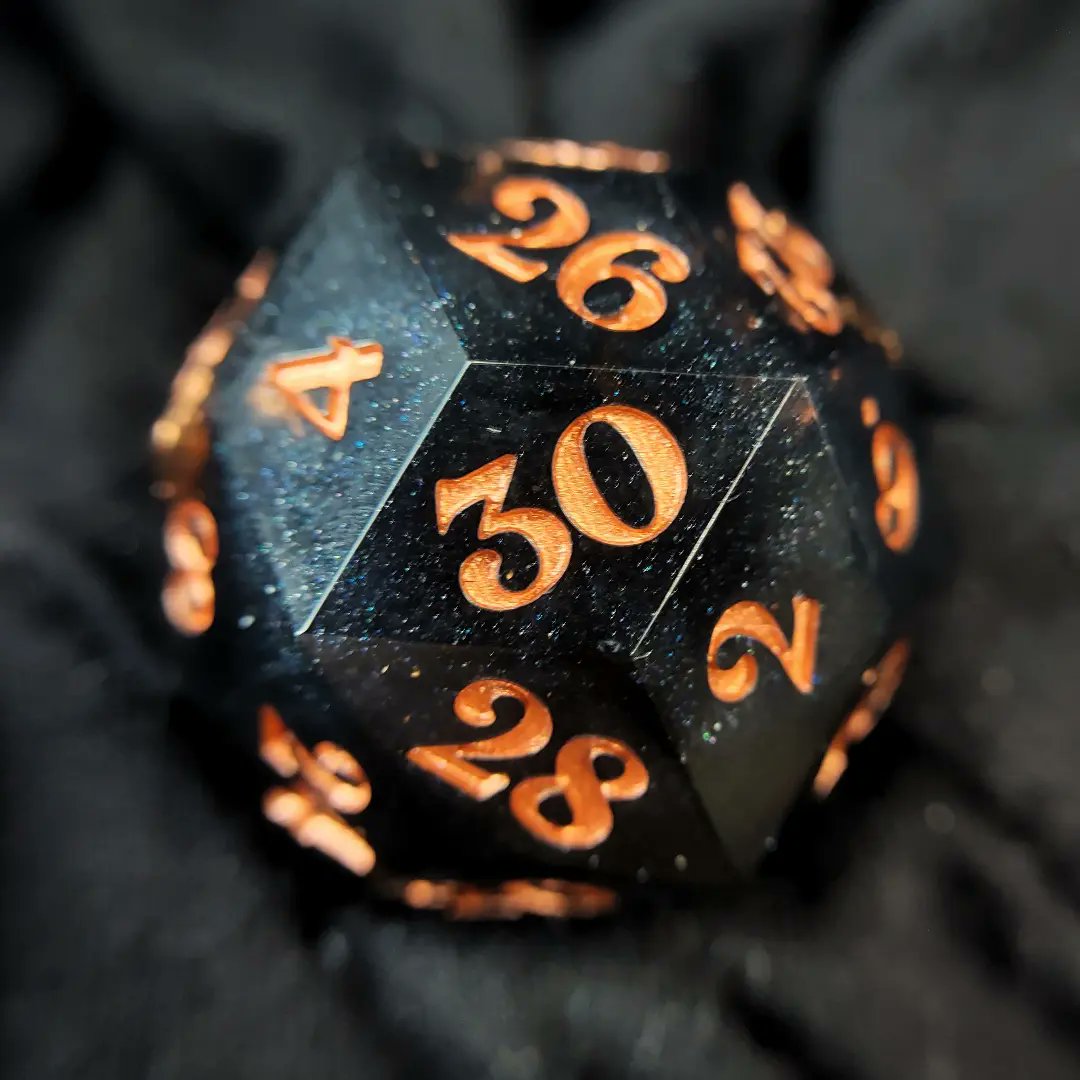 242_dice's tweet photo. COPPER ELEGANCE - This handmade sharp edge d30 features indulgent copper leaf floating in shimmery black, with metallic copper inking.
This d30 is still up for grabs in my shop! π
#242dice #handmadedice #dice #d30 #ttrpgdice #dccdice https://t.co/kCzymBXENr