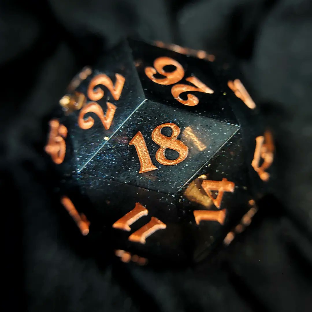 242_dice's tweet photo. COPPER ELEGANCE - This handmade sharp edge d30 features indulgent copper leaf floating in shimmery black, with metallic copper inking.
This d30 is still up for grabs in my shop! π
#242dice #handmadedice #dice #d30 #ttrpgdice #dccdice https://t.co/kCzymBXENr