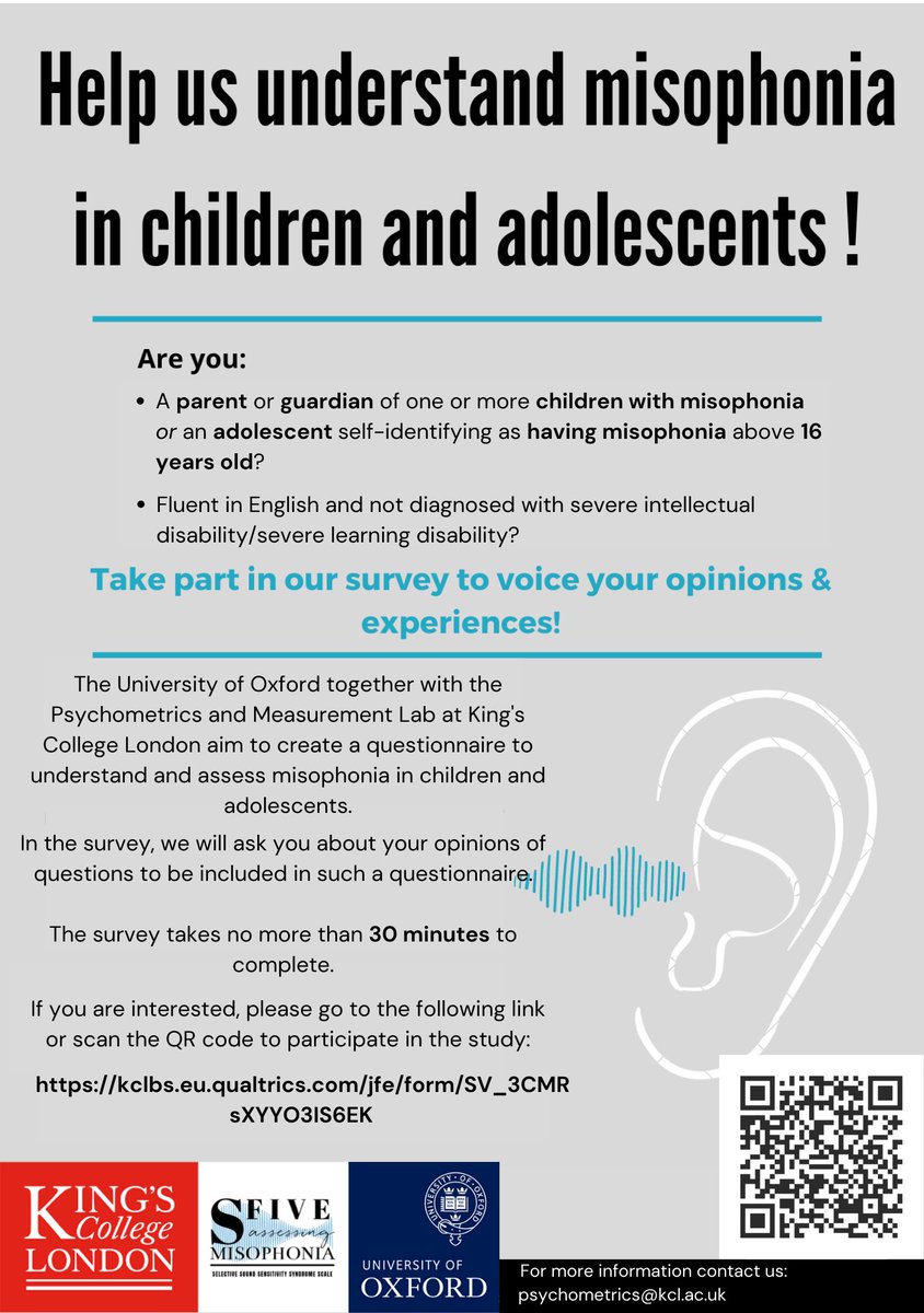 sfive_'s tweet photo. 🚨 Help us create a questionnaire to assess #misophonia in children and adolescents 

We are looking for parents of one or more children with misophonia OR adolescents self-identifying as having misophonia to voice their opinions on a questionnaire 🗣️!

https://t.co/6uiBT9psKd https://t.co/2kLZqkVU6Z