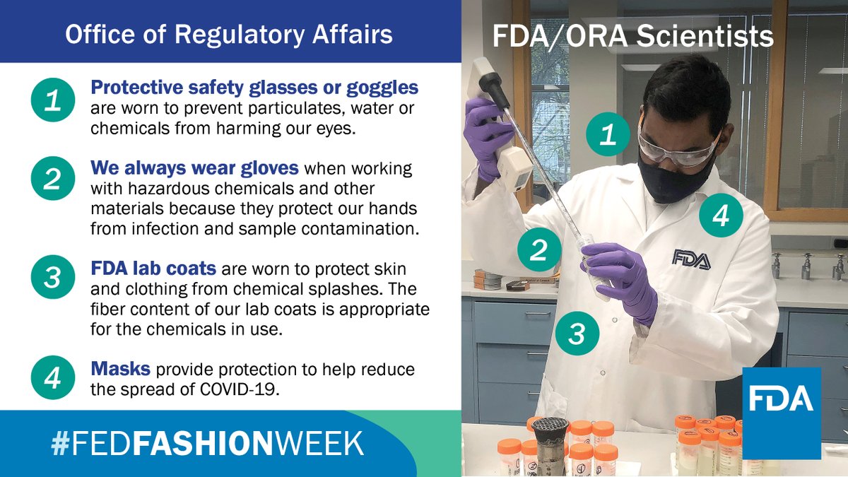 FDAInspects's tweet photo. Safety and protecting the #PublicHealth are always in fashion for #FDAORA scientists. Our committed chemists & biologists quickly and accurately analyze samples of #FDARegulated products to help protect consumers. https://t.co/mGIirlGBbJ #FedFashionWeek https://t.co/jyY7C66b5T
