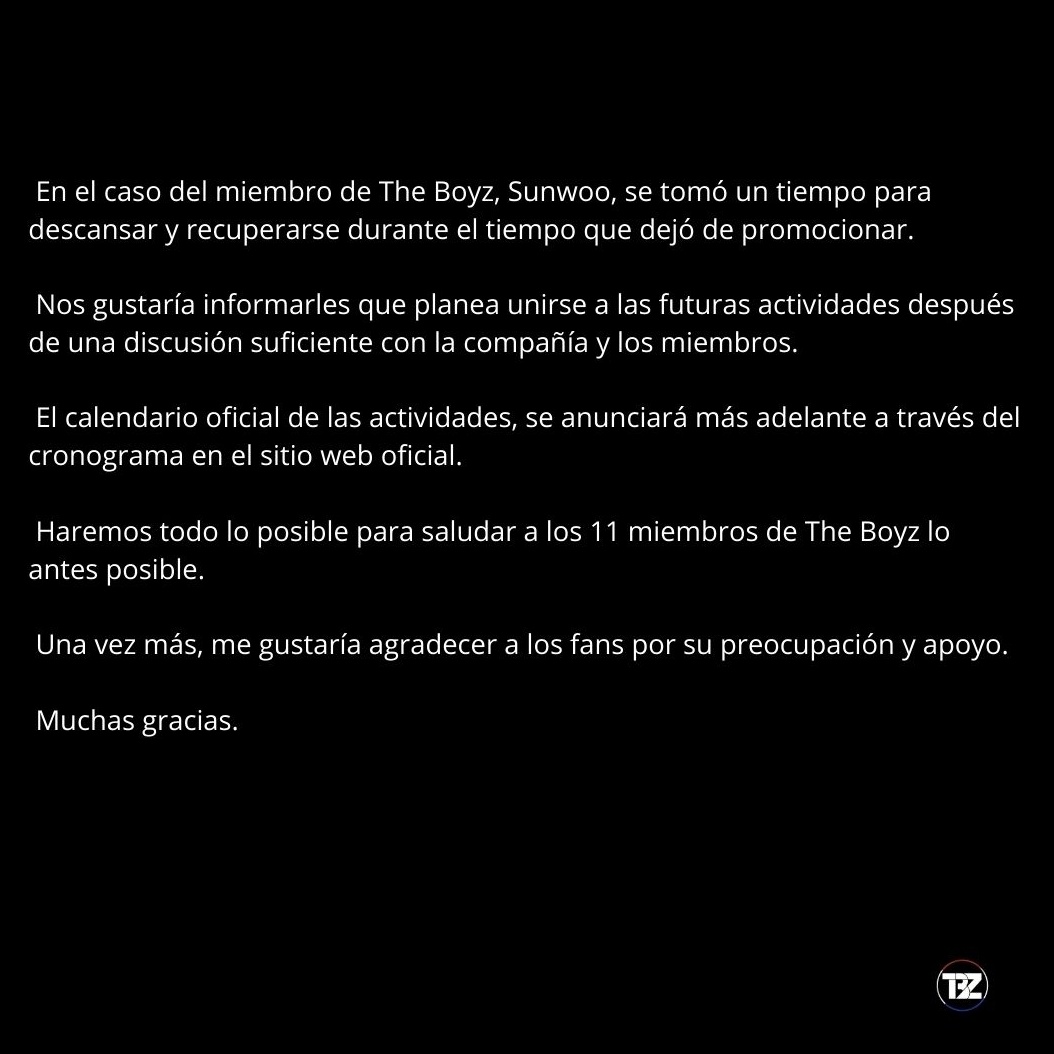 [📝] Sunwoo y Eric regresarán de su hiatus y participarán en las futuras actividades del grupo! 😭💗

 Se publicará más adelante el calendario de actividades de The Boyz con 11 miembros.

🔗bit.ly/3Udi4XL

#더보이즈 
#TBZenEspañol