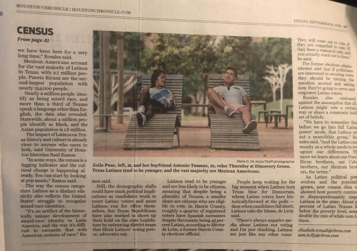 nprosenheim's tweet image. Demographic data top story in @HoustonChron example of how to write about changes in race ethnicity. “census is a lagging indicator and the cultural change is happing already” “mixed-race identify… difficult to reconcile with… notions of race” @RamosWorld #PlanningMethods